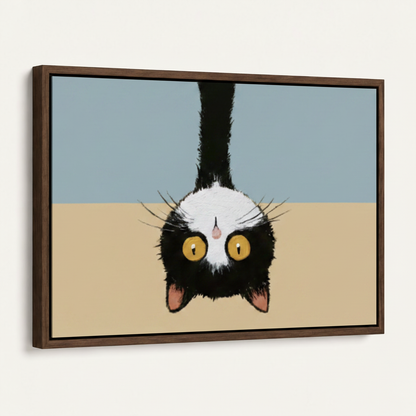 Dark walnut framed canvas wall art featuring a whimsical black and white upside-down cat illustration