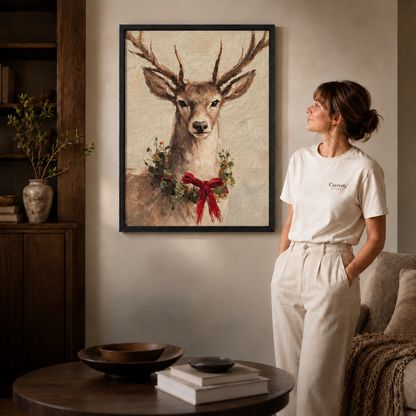 Holiday deer artwork in a slim black frame beside a woman in a living room.