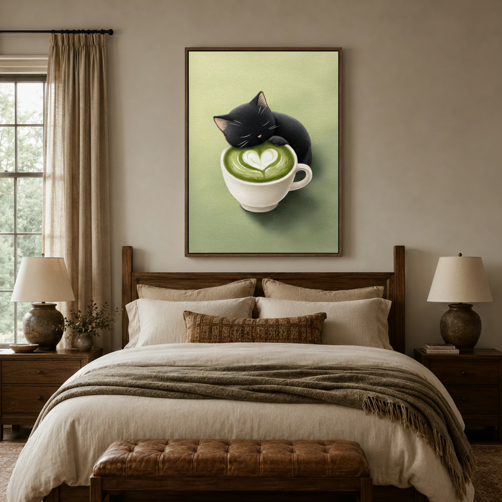 Black cat matcha latte whimsical canvas wall art hanging above bed in cozy bedroom interior