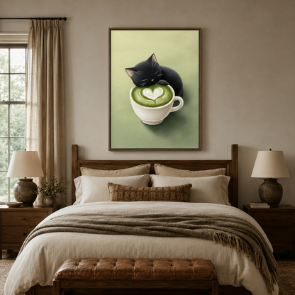 Black cat matcha latte whimsical canvas wall art hanging above bed in cozy bedroom interior
