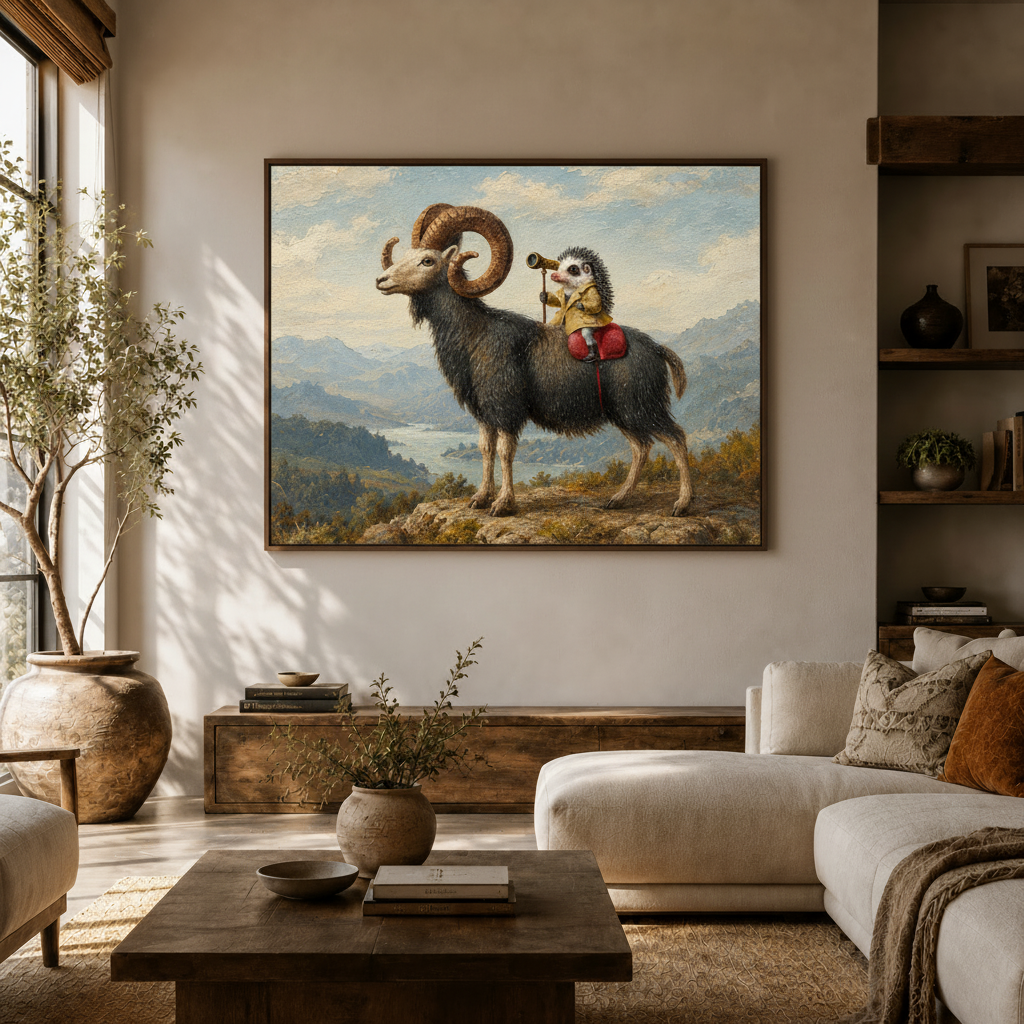 Framed hedgehog explorer canvas art styled above a console in a bright modern living room