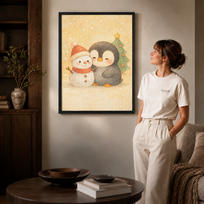 Pastel penguin and snowman artwork in a slim black frame beside a woman.
