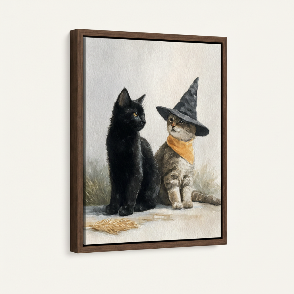 Framed witch cat duo canvas in dark walnut floating frame, 3/4 angle clean white background