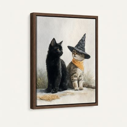 Framed witch cat duo canvas in dark walnut floating frame, 3/4 angle clean white background