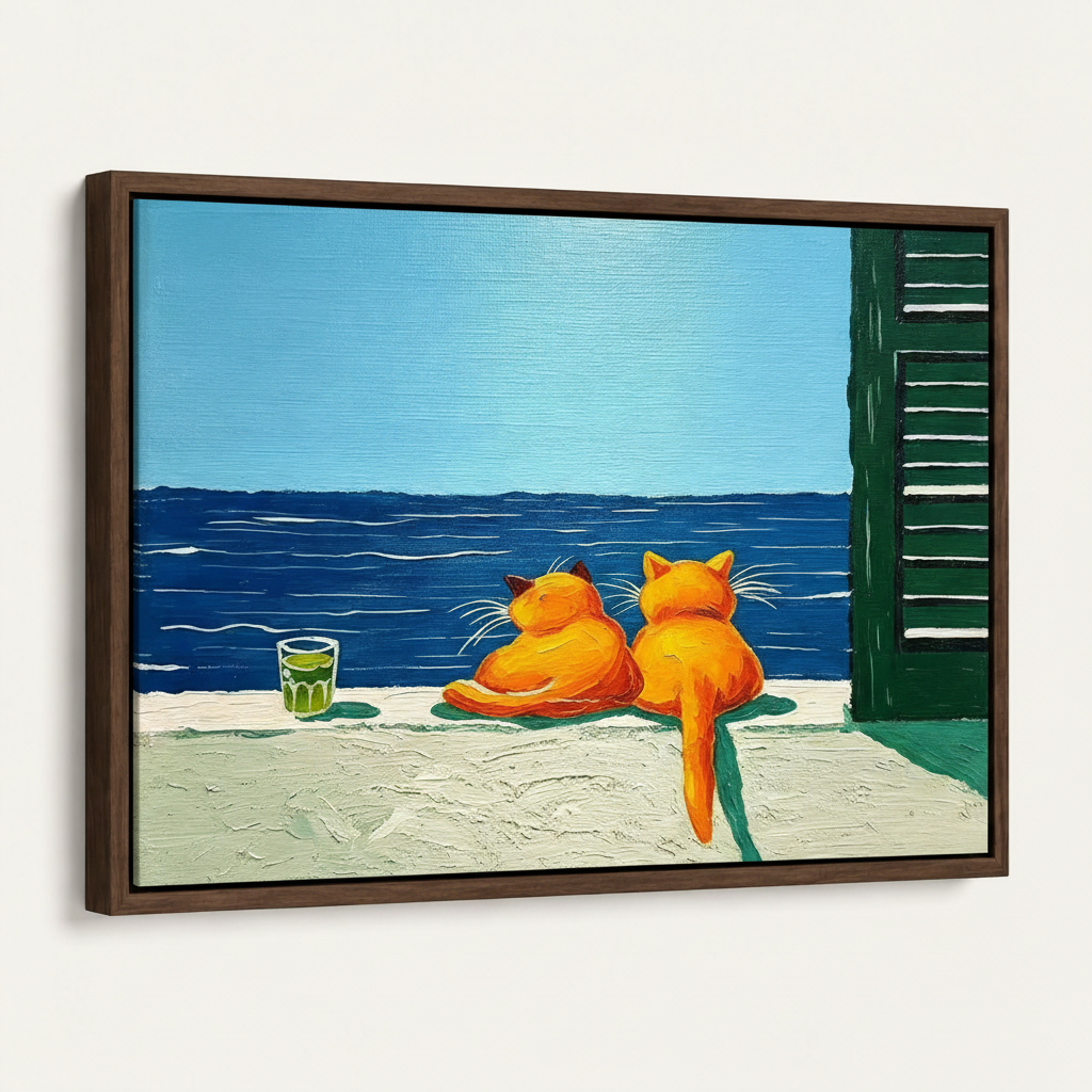 Pop art orange cats framed canvas print at 45-degree angle on white background