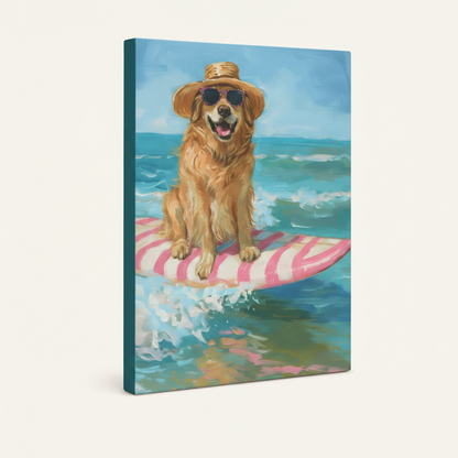 Gallery-wrapped surfing golden retriever canvas print shown at angle on cream background