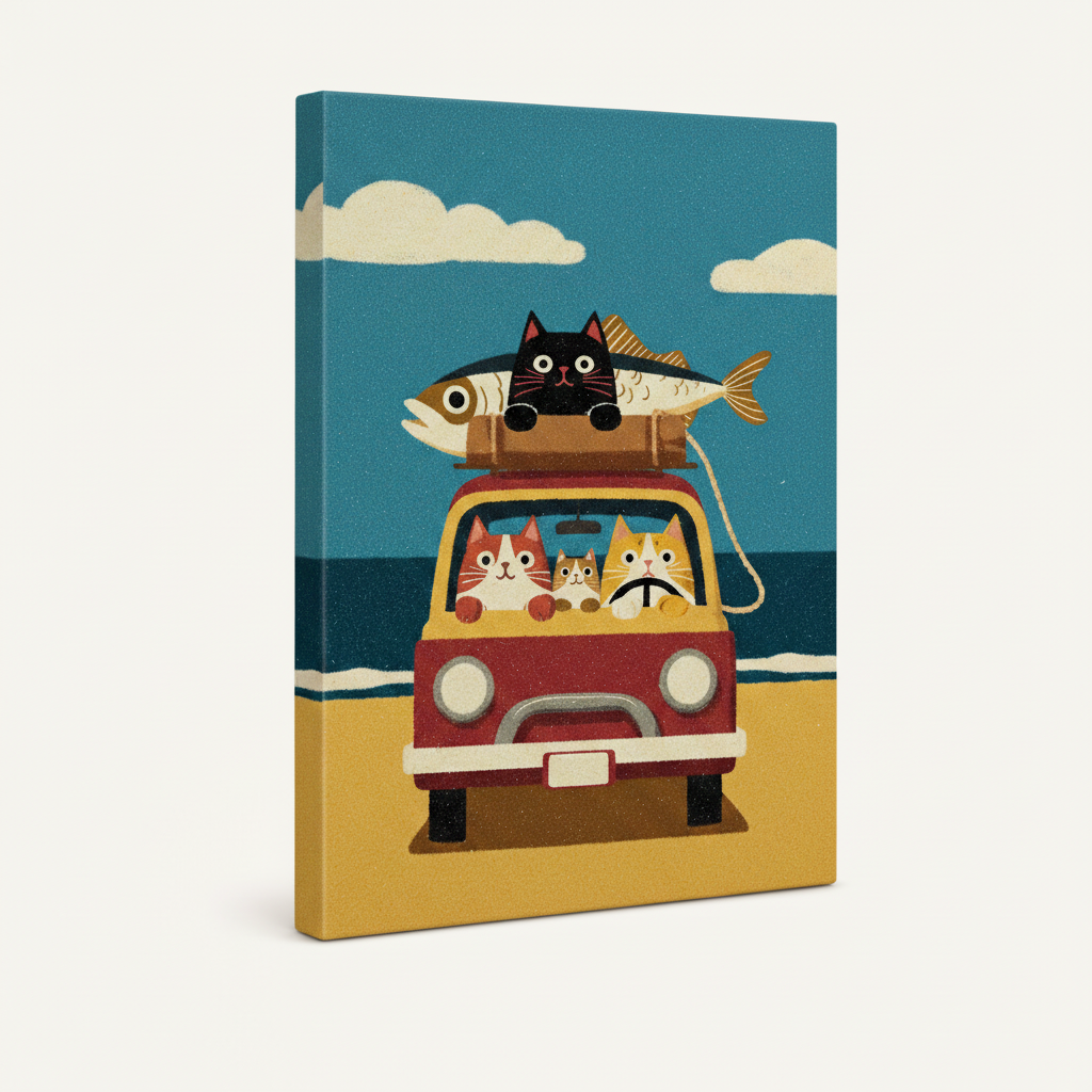 Gallery-wrapped canvas side view of retro cat road trip illustration with teal ocean background