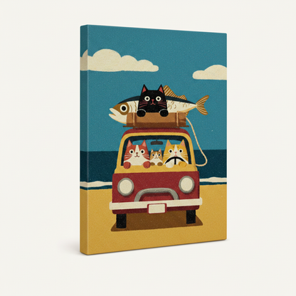 Gallery-wrapped canvas side view of retro cat road trip illustration with teal ocean background