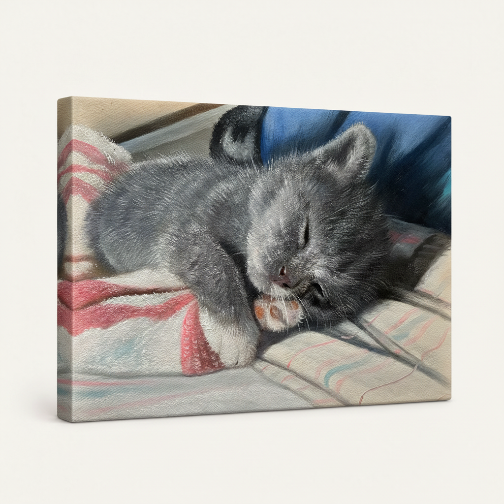 Gallery-wrapped sleeping kitten canvas art side wrap detail on clean white background