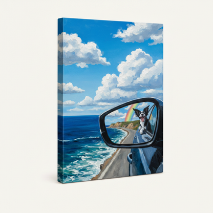Gallery-wrapped Border Collie road trip canvas shown at angle on off-white background