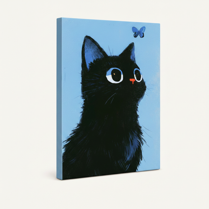 Gallery wrapped black cat butterfly canvas, angled view showing clean solid blue sides