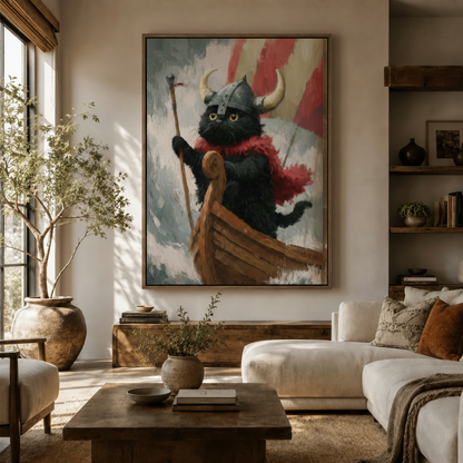 Large Viking cat framed canvas art hanging in Japandi living room