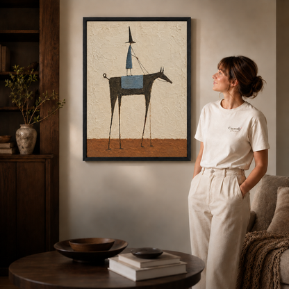 Black horse canvas wall art in a dark wood frame above a sideboard with a woman nearby