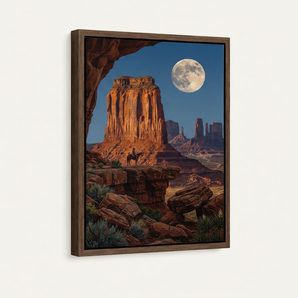 Framed canvas western landscape art shown at an angle, dark walnut frame, red rock buttes and full moon