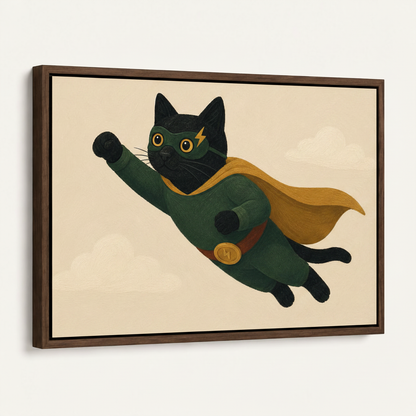 Dark walnut floater frame with superhero cat canvas, angled product view on off-white background