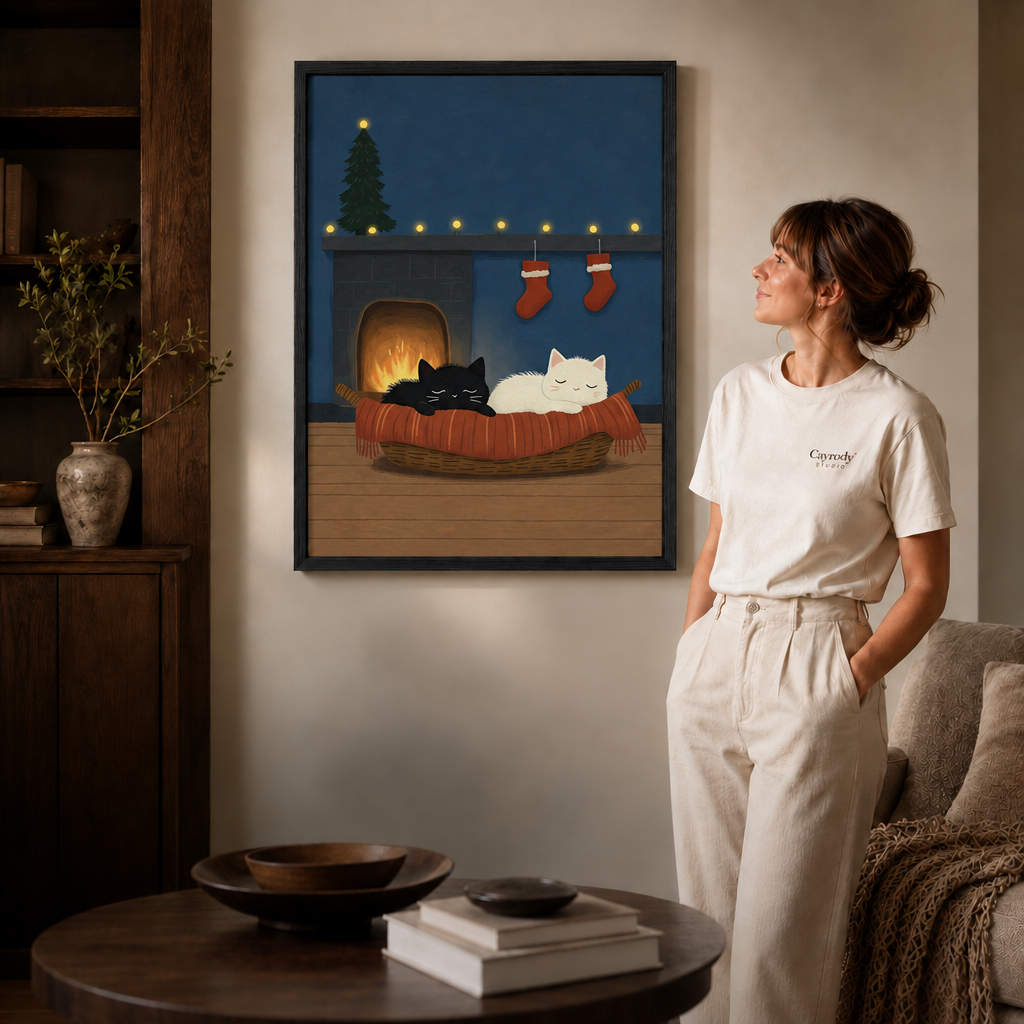 Cozy black and white cat artwork in a slim black frame beside a woman.