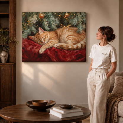 Sleeping orange cat Christmas canvas wall art on a gallery-wrapped canvas beside a woman in white.