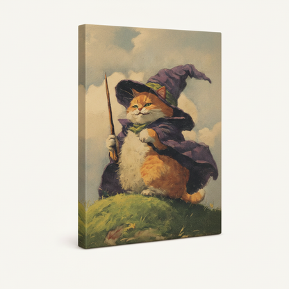 Gallery-wrapped canvas side view of vintage wizard cat illustration with misty cloud background