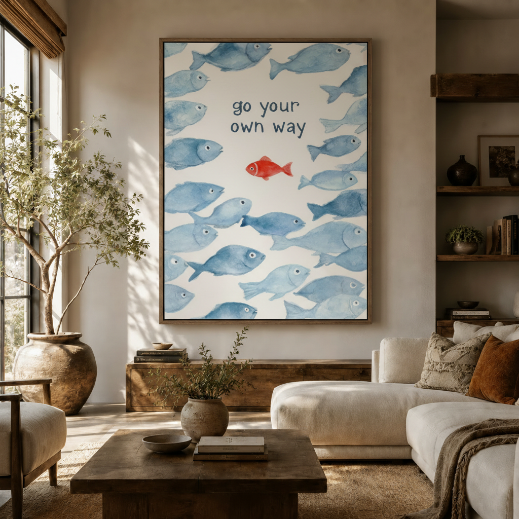 Go your own way red fish motivational watercolor canvas in walnut frame above rustic sideboard in warm living room