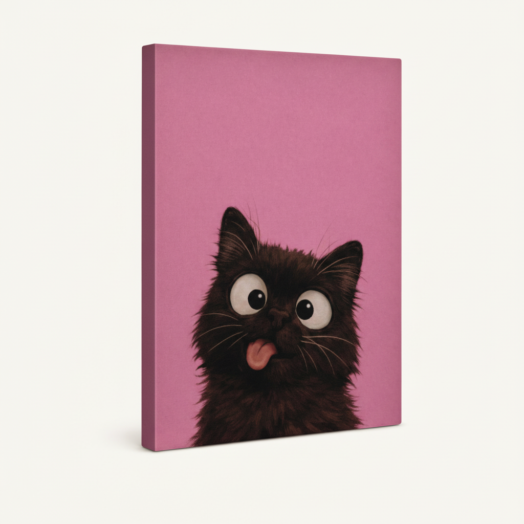 Gallery-wrapped funny black cat canvas at 3/4 angle on white background showing thick dark painted side edges