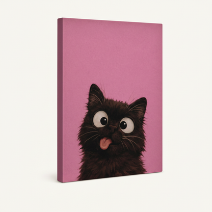 Gallery-wrapped funny black cat canvas at 3/4 angle on white background showing thick dark painted side edges
