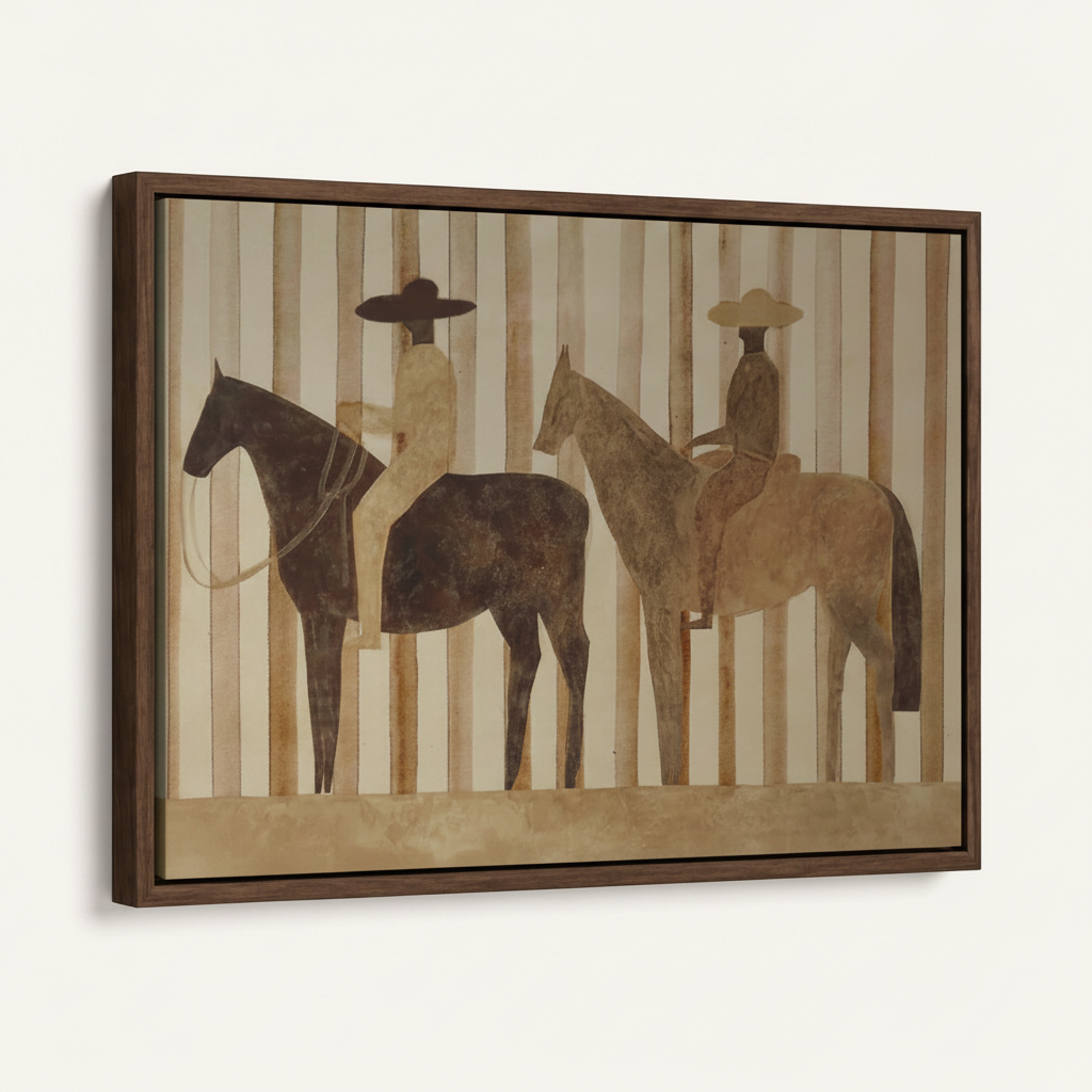 Framed minimalist western canvas print with dark walnut float frame angled product view