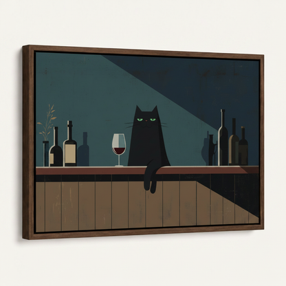 Black cat wine bar minimalist canvas print in dark walnut frame, angled product view on white background