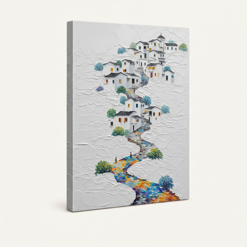 Gallery-wrapped colorful village path canvas, angled product view showing thin white side edge