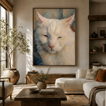 Large impressionist white cat portrait canvas wall art hung above sideboard in warm modern living room