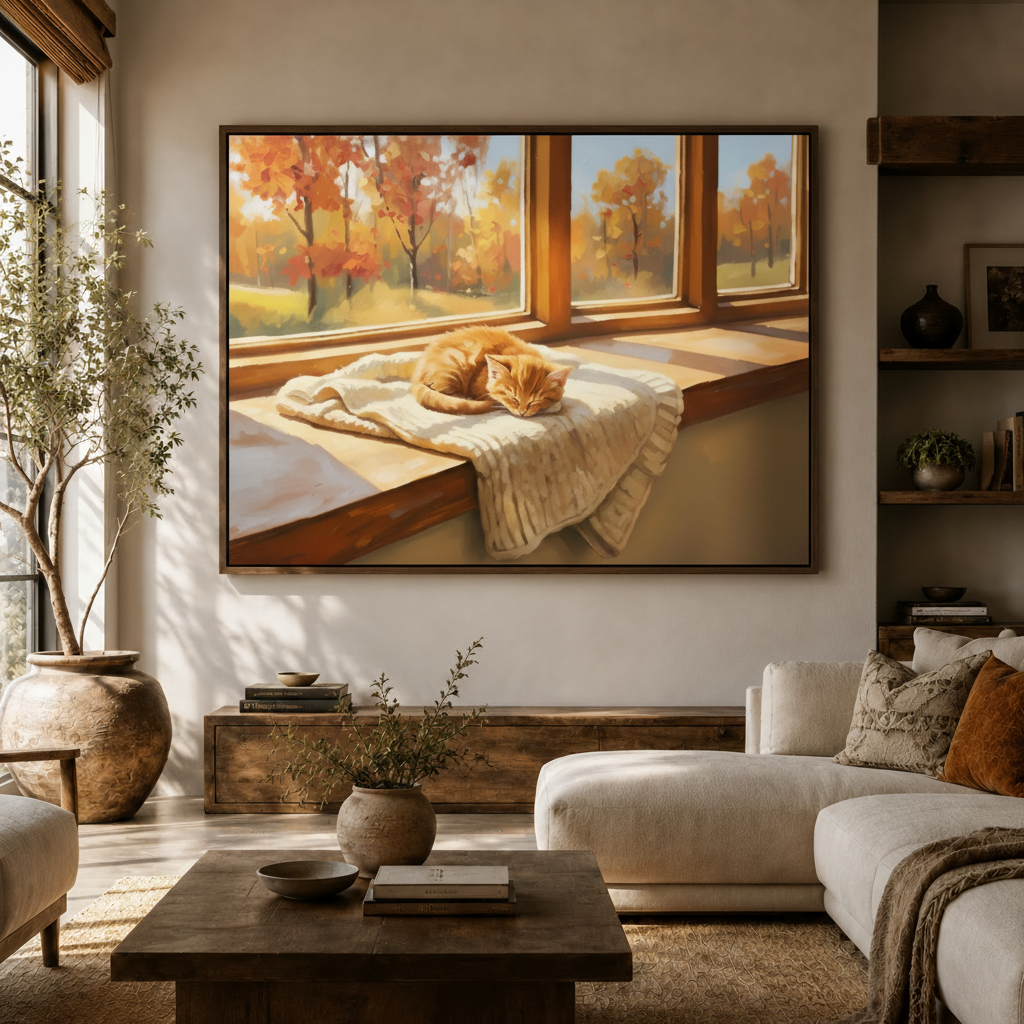 Large autumn cat napping windowsill realistic canvas above walnut console in warm neutral modern living room