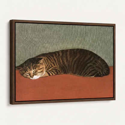 Dark walnut float frame canvas of minimalist tabby cat painting at 45-degree angle on white background
