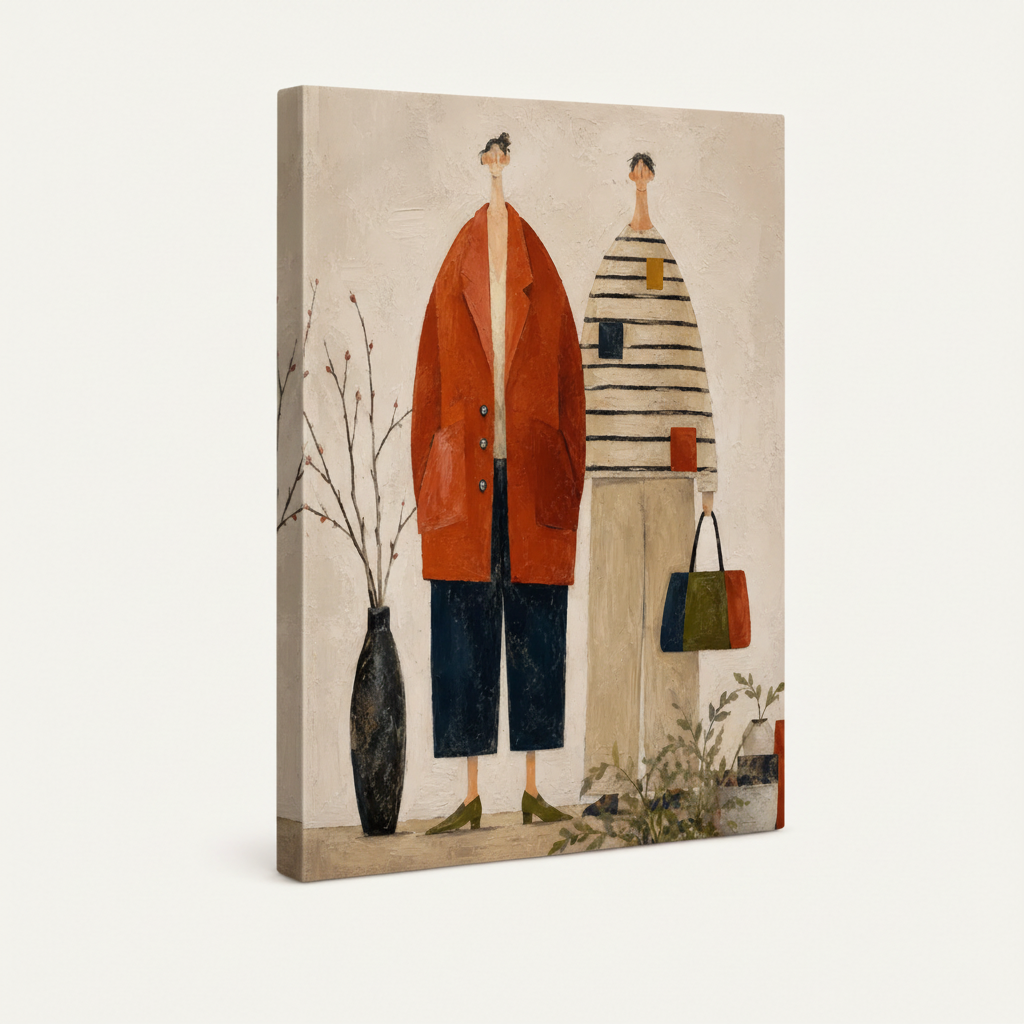 Gallery-wrapped canvas print of folk art fashion illustration, side angle product view
