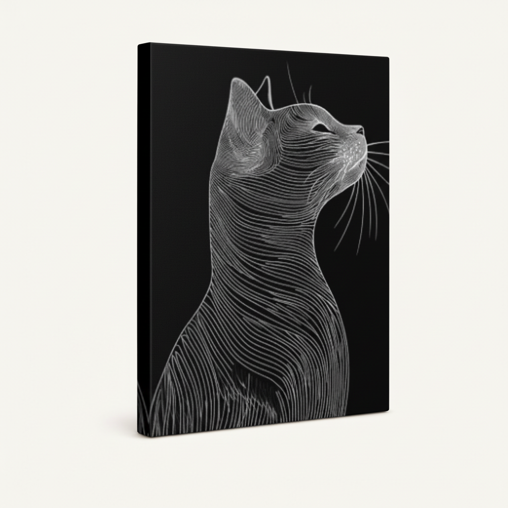 Black cat scratchboard art gallery wrapped canvas, left angle product view on white background
