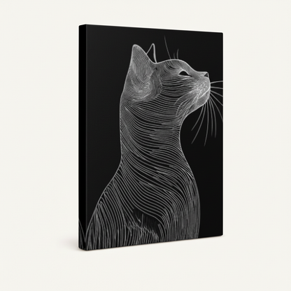 Black cat scratchboard art gallery wrapped canvas, left angle product view on white background