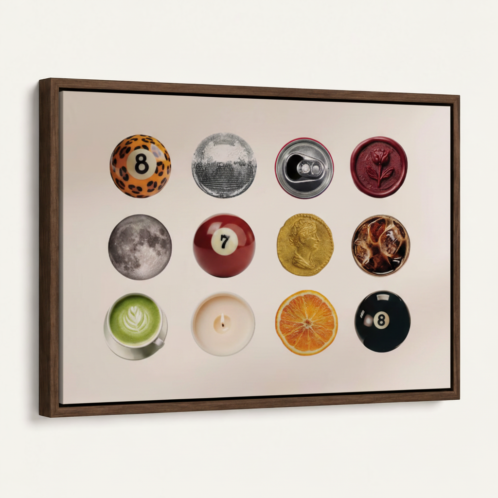 Dark walnut float-framed modern circle collage canvas print, angled product view on white background