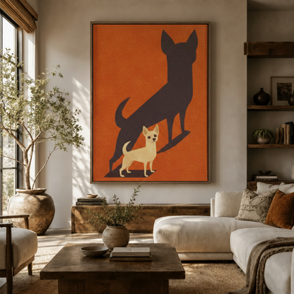 Bold Chihuahua shadow graphic canvas above console in bright modern living room beside white sofa