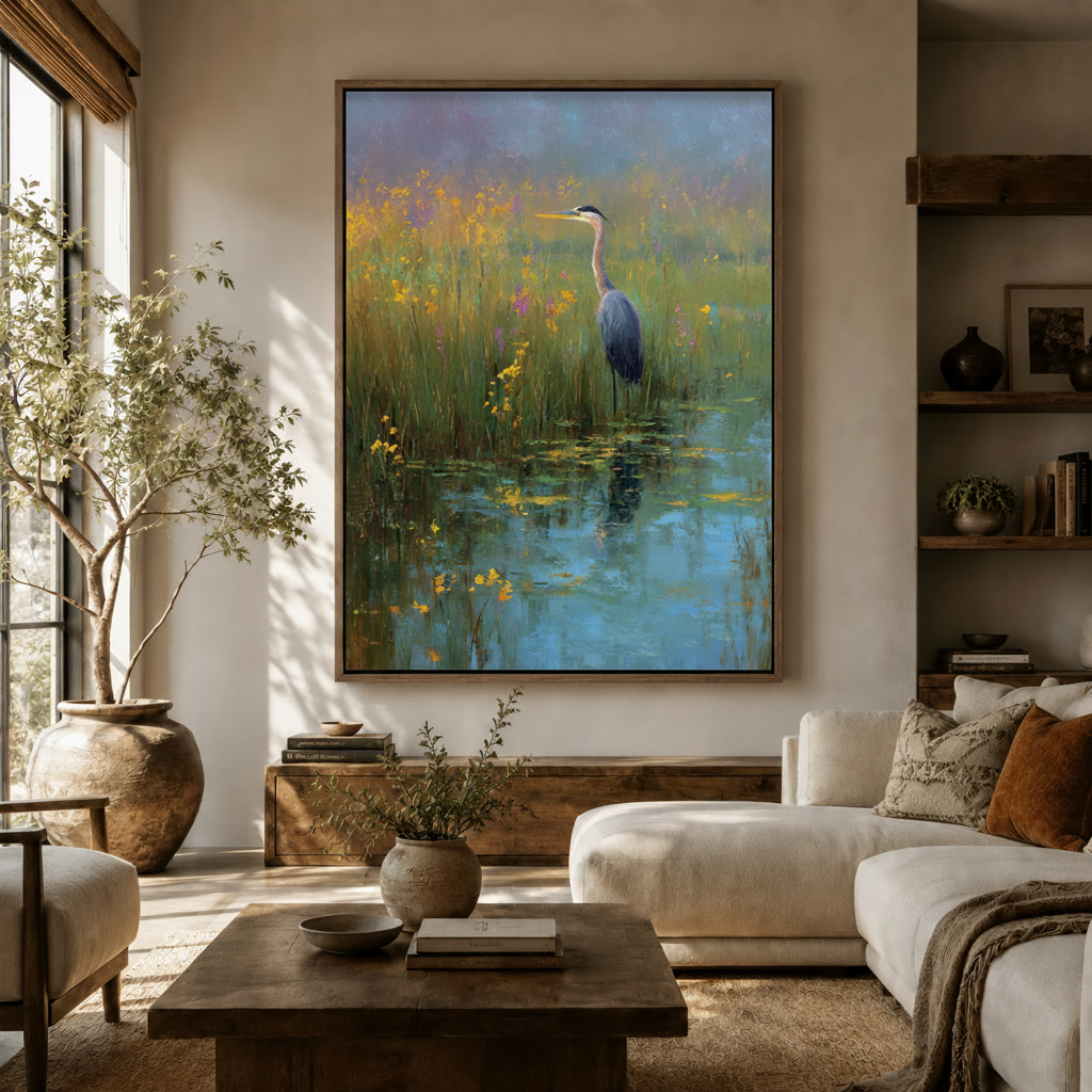 Large blue heron nature canvas wall art hung above sideboard in warm modern living room