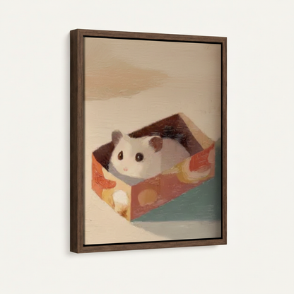 Framed hamster canvas print angled side view showing soft oil painting brushwork and warm tones