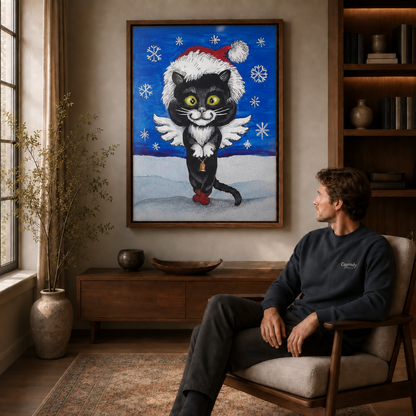 Black cat Christmas wall art above a walnut console beside a seated man in a cozy room.