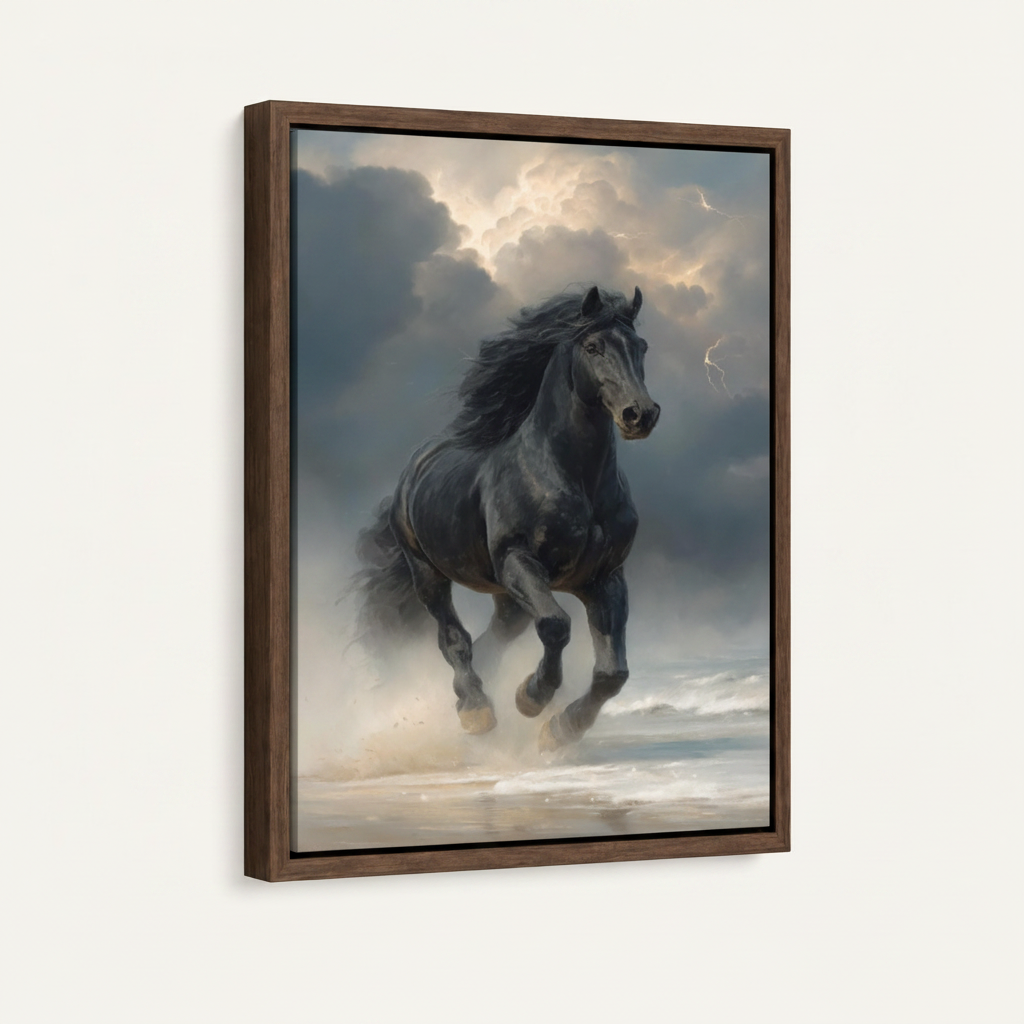 Framed black horse canvas wall art in dark walnut floating frame shown at angle on off-white background