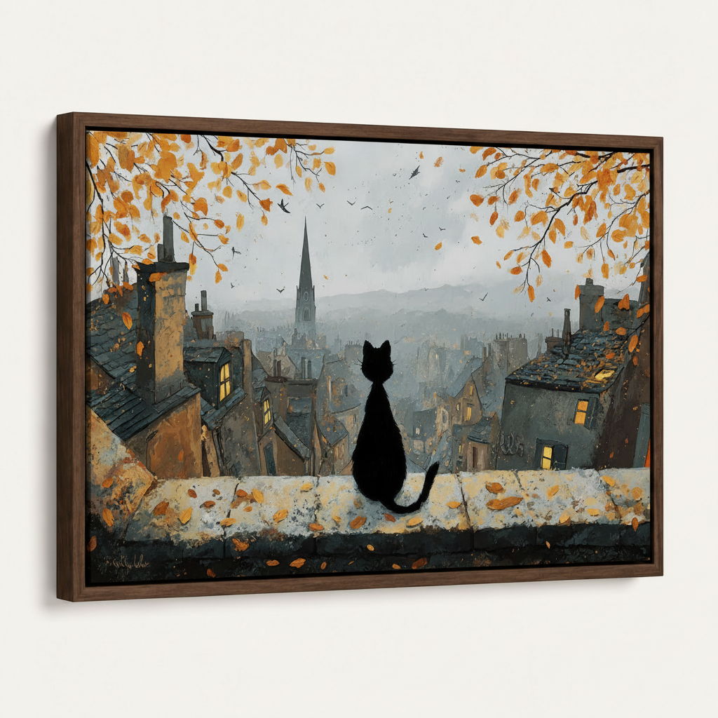 Dark walnut float frame canvas of black cat on rooftop overlooking misty European city, angled white background product shot
