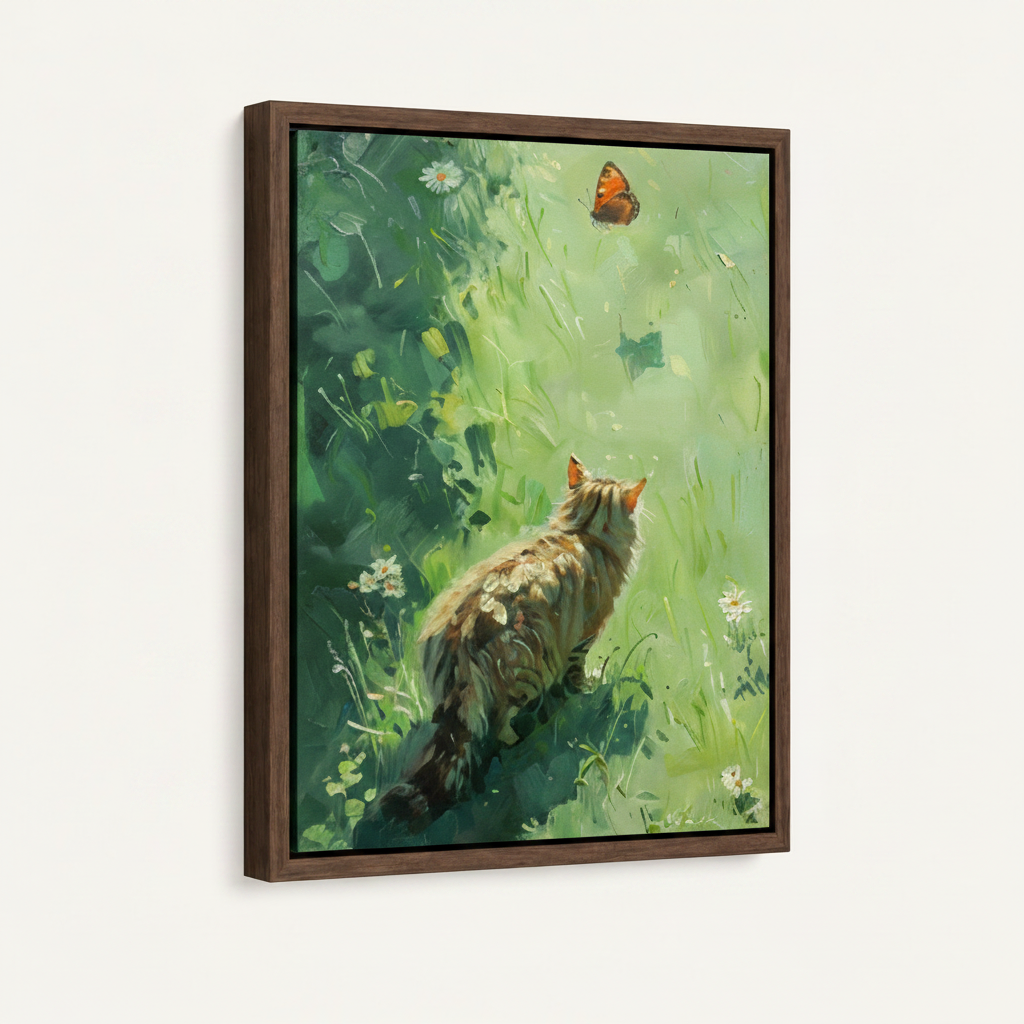 Impressionist cat butterfly meadow canvas in wide dark walnut float frame 3/4 angle product mockup