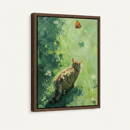 Impressionist cat butterfly meadow canvas in wide dark walnut float frame 3/4 angle product mockup