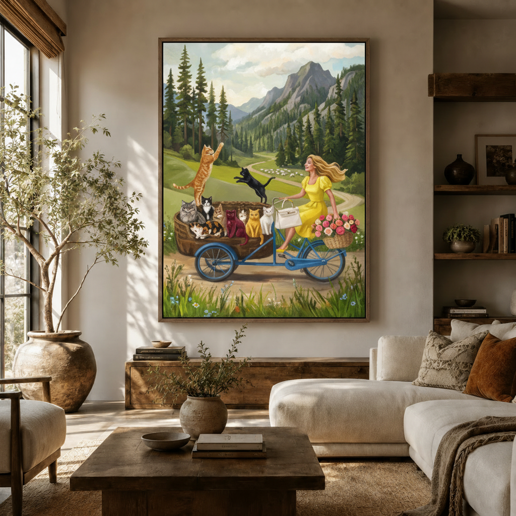 Whimsical cat bicycle canvas displayed above sideboard in warm modern living room with olive tree