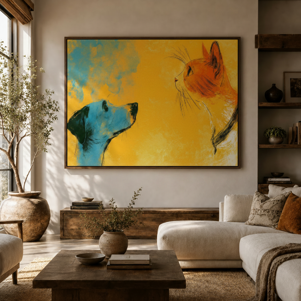 Modern cat and dog illustration canvas wall art displayed above sideboard in warm living room
