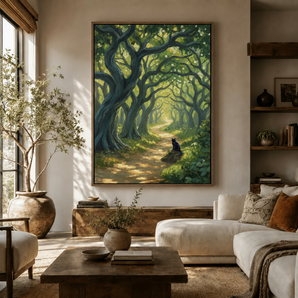 Impressionist forest path cat canvas hung above sideboard in warm modern living room with olive tree