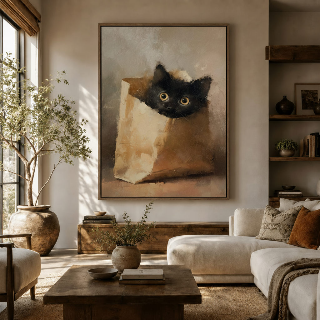 Charming black kitten paper bag canvas wall art above sideboard in warm modern living room