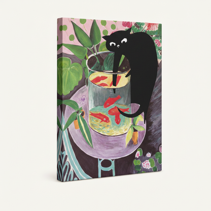 Gallery-wrapped black cat goldfish bowl canvas print angled view showing wrapped side edges