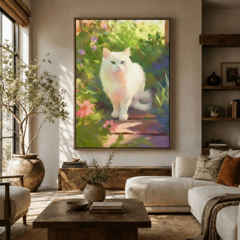 Fluffy white cat in sunlit garden canvas wall art hanging in a bright farmhouse living room with white sofa