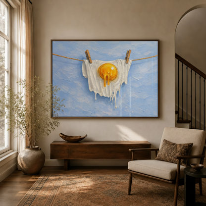 Whimsical fried egg clothesline impasto canvas art hanging in warm entryway beside staircase and linen armchair